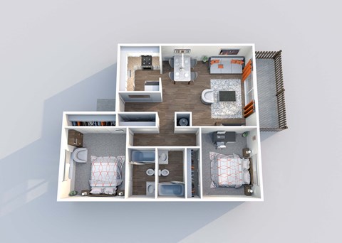 a 3d floor plan of a 3 bedroom apartment